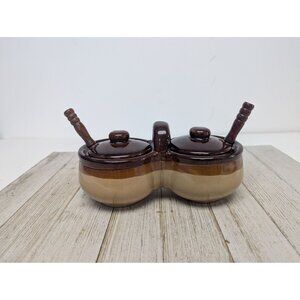 Vintage Dark Brown Glazed Stoneware Double Condiment Pot With Lids Spoons Taiwan